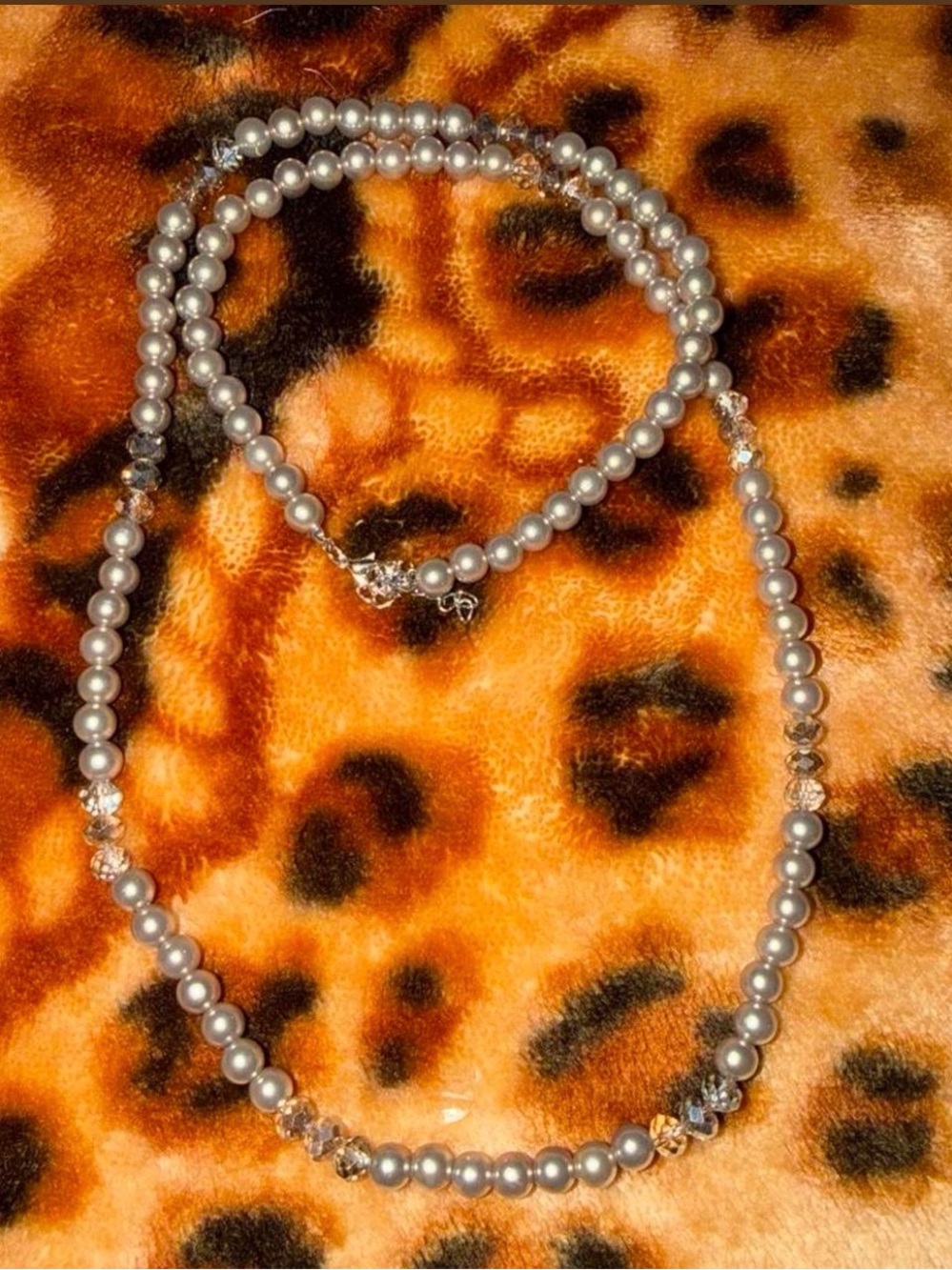 Classic silver Pearl Bead Necklace with grey glass bead accents - Silver Gray